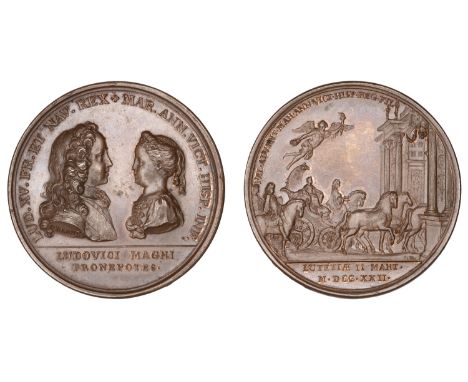 FRANCE, Entry of the Infanta Mariana Victoria into Paris, 1722, a copper medal by J. Le Blanc, busts of Louis XV and the Infa