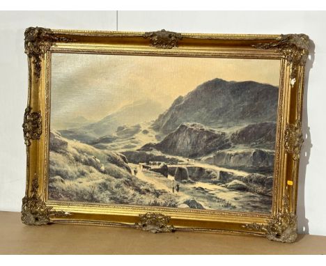 A large gilt framed oleograph. Titled “Old Pine Bridge” Percy. 90x65cm