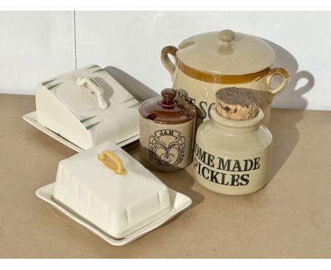 A collection of pottery and stoneware. 2 vintage cheese dishes, Royal Winton and Scotch Ivory. Moira Farmhouse stoneware.