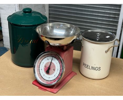 Kitchenware. A Typhoon scales, ceramic bread bin and a peeling bin.