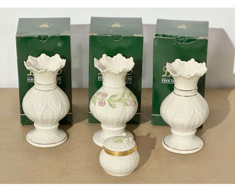 3 Belleek Pottery vases with boxes and a trinket box.