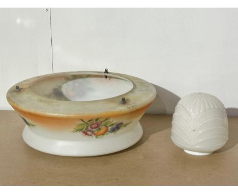 A large 1930’s glass light shade, with an Art Deco milk glass lamp shade. 41x16cm.