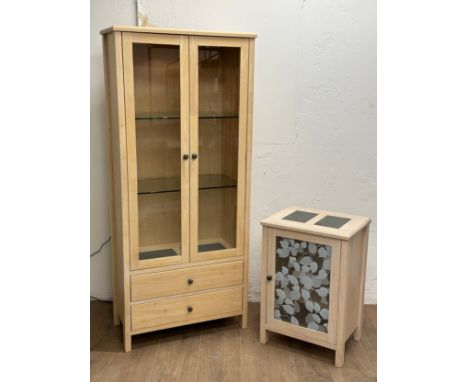 A tall modern light up display cabinet with 2 drawers and a matching frosted glass front cabinet. 80x41x183cm. 53x41x78cm