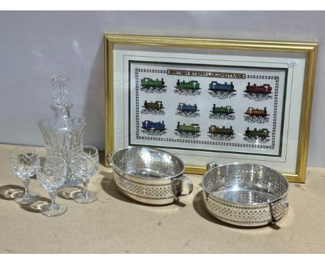 A job lot. Walker &amp; Hall, decanter and glasses and a tapestry train picture.