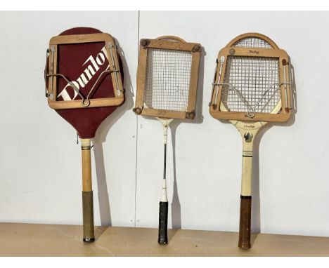 3 vintage badminton rackets. Dunlop x2 and Grays.