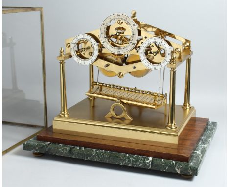 ANDREW FELL. A SUPERB LIMITED EDITION LACQUERED BRASS ARCHITECTURAL DESIGN ROLLING BALL CLOCK, with three silvered chapter ri
