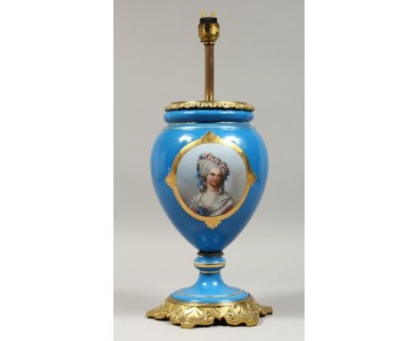 A GOOD 19TH CENTURY, POSSIBLY SEVRES, PAINTED LAMP with ormolu mounts and painted with a portrait of a young lady. 16ins high