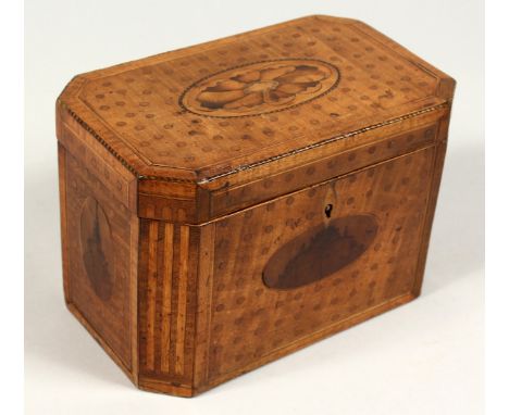 A GOOD GEORGE III YEW WOOD INLAID TEA CADDY, crossbanded with ovals. 7.5ins.
