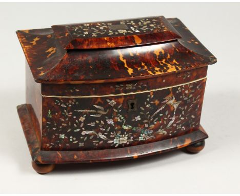 A GOOD REGENCY TORTOISESHELL AND MOTHER OF PEARL BOW FRONTED TWO DIVISION TEA CADDY the front with birds and flowers. 7.5ins 