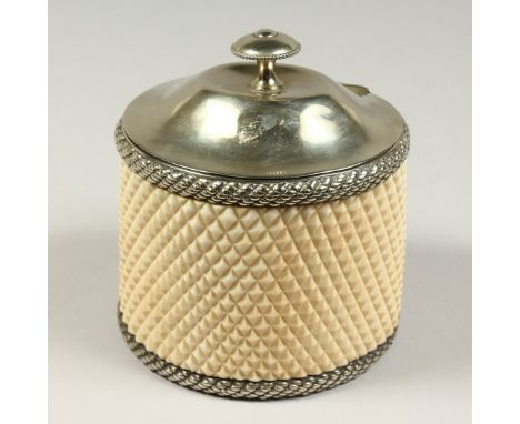 A GOOD 19TH CENTURY HOBNAIL CUT OVAL IVORY TEA CADDY with plated mounts and lid 5.5ins high