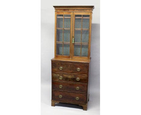 A GEORGE III MAHOGANY SECRETAIRE BOOKCASE, the upper section with a detail moulded cornice, pair of glazed doors enclosing th