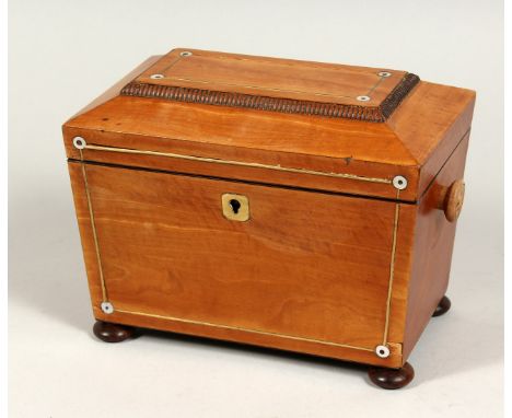 A REGENCY MAHOGANY 2 DIVISION TEA CADDY with mother of pearl inlay and brass liners on bun feet. 7.5ins wide.