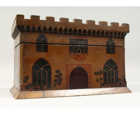 A RARE CASTLE PAINTED TEA CADDY with rising top and filled interior. 11.5ins long, 7ins diameter.