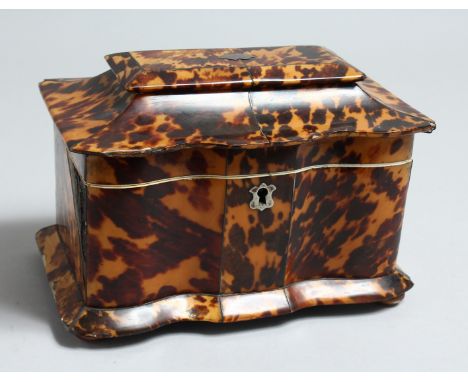 A GOOD REGENCY, TORTOISESHELL, SHAPED BOW FRONTED, TWO DIVISION TEA CADDY on bun feet. 7.5ins long.