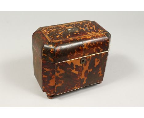 A GOOD REGENCY TORTOISESHELL TWO DIVISION TEA CADDY with crossbanded domed top. 7ins long, 6ins high.