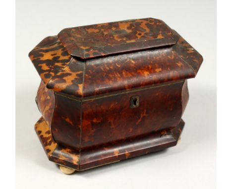 A GOOD REGENCY TORTOISESHELL TWO DIVISION TEA CADDY with crossbanded domed top. 6.5ins high.