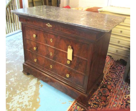 COMMODE, 19th century French Louis Philippe flame mahogany with five drawers and veined grey St Anne's marble top, 124cm W x 