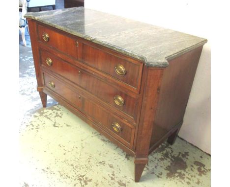 COMMODE, circa 1800, Continental mahogany and brass mounted with a later marble top over three long drawers with lion embosse