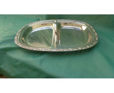 3 arm plated candelabra, plated teapot stand and a handled two compartment plated serving dish 