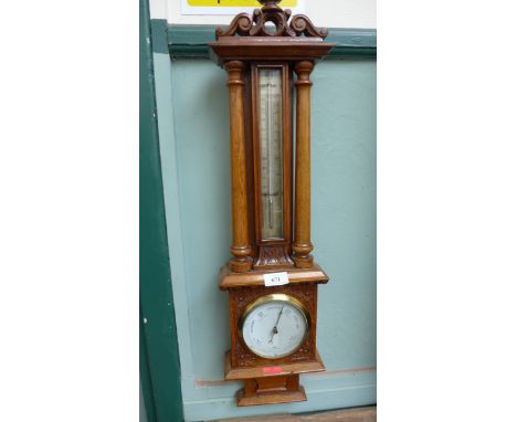 Carved rectangular oak framed barometer and thermometer dial