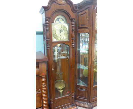 Modern mahogany cased long cased clock with decorative brass pendulum and double cylindrical weights, the brass dial inset ma