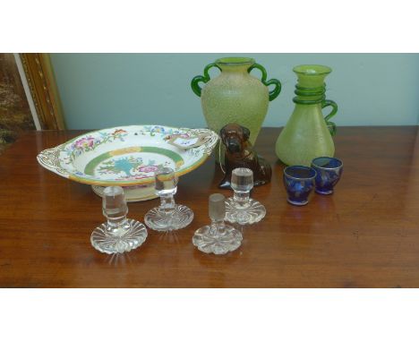 Multi coloured cauldron fruit bowl, amber glass dog ornament, 4 glass stoppers, pair of cobalt blue and silver tot glasses an