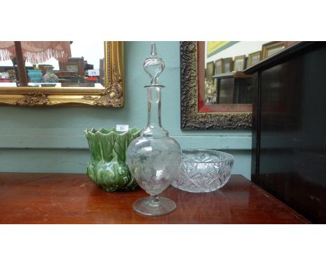 Green leaf shaped plant bowl, cut glass fruit dish and a etched glass wine decanter