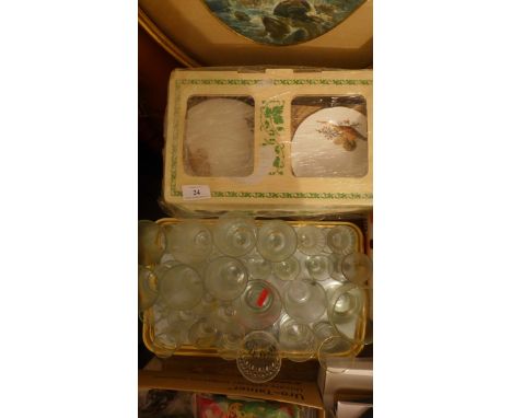 Unused boxed 18 piece bone china tea set with cock pheasant motif and a tray of mixed drinking glasses