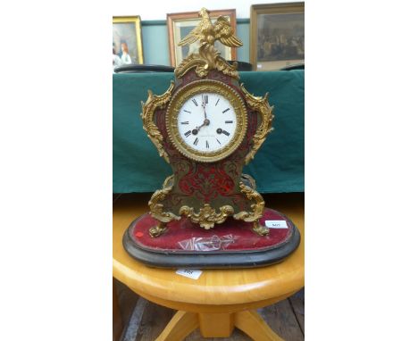 Most decorative French mantel clock on wooden and plush maroon velvet plinth, circular enamel dial marked Vargues a Paris , g