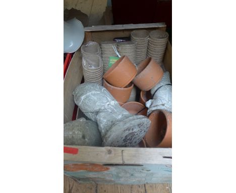 2 boxes misc. including old galvanised milk tin, 3 pendant ceiling light fittings, garden ornaments etc.