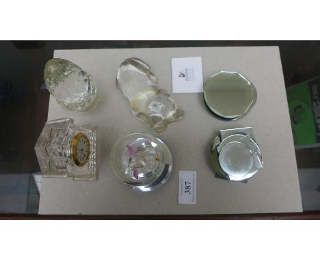 Quantity of mirrors, a German lead crystal pineapple mantel clock, puppy ornament etc