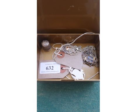 Silver pendant (Birmingham 1918) with chain, silver thimble and a silver pendant (Chester 1928) and chain and a small compass