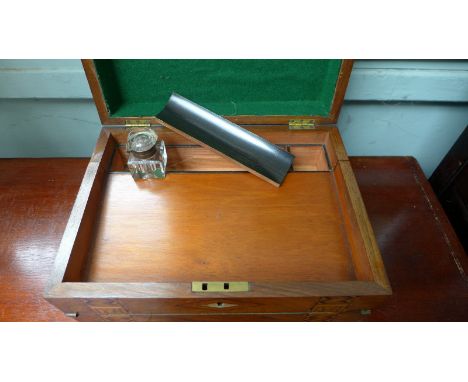 Decorative walnut inlaid writing box, the interior with foldover green baize writing slope the domed top with diamond shaped 
