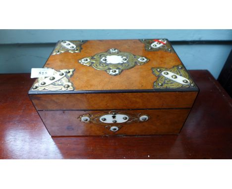 Most decorative jewellery box, exterior with studded bone and brass decoration with pullout drawer inset storage compartments