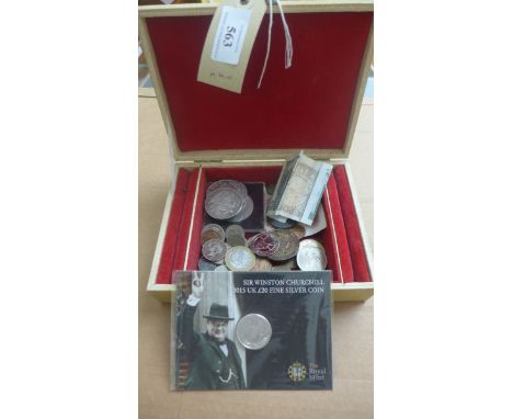 Cream jewelry box containing a selection of coins including Sir Winston Churchill twenty pound silver coin, 5 Crown including