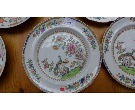 Pair of early Spode  chinaware multi coloured plates decorated with peacocks and a Aynsley bone china "Pembroke" pattern plat