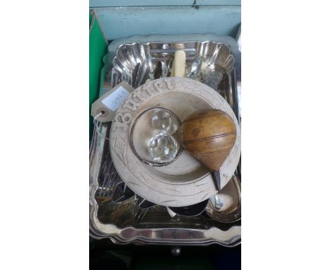 Plated entree dish containing selection of plated cutlery, treen ball, butter dish and a Swarovski  glass monkey and babies b