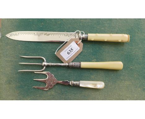 Bone handled bread fork and cake fork and knife and a mother of pearl handled bread fork