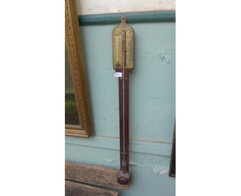 Early mahogany framed stick barometer with brass thermometer dial ex. Edward Maddison of Lincoln