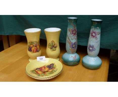 Pair of cylindrical Aynsley bone china 'Orchard Gold' vases with matching plates and a pair of green milk glass hand painted 