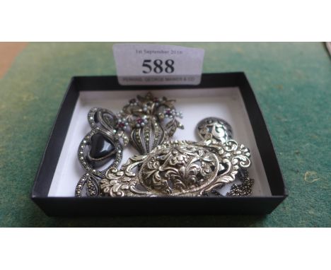 Mourning brooch with heart shaped stone to centre, marcasite brooch decorated miniature pearls and red stones, pear drop pend
