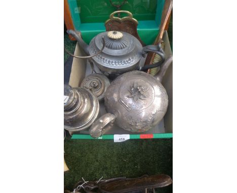Magpie lot including a pewter and plated teapot, copper crumb tray and brush, cocktail shaker etc
