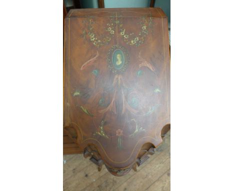 RARE 18TH CENTURY INLAID MAHOGANY KNIFE/DOCUMENT BOX ON STAND THE UPPER FALL LEAF REVEALING OPEN STORAGE COMPARTMENTS ON DELI