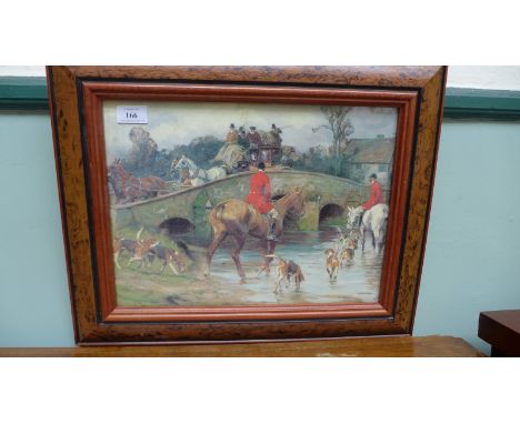 Framed coloured hunting/coaching print beside bridge over river