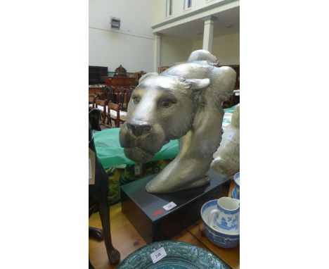 Grotesque figure of a head and shoulders of a silver painted lioness on rectangular black marble base 