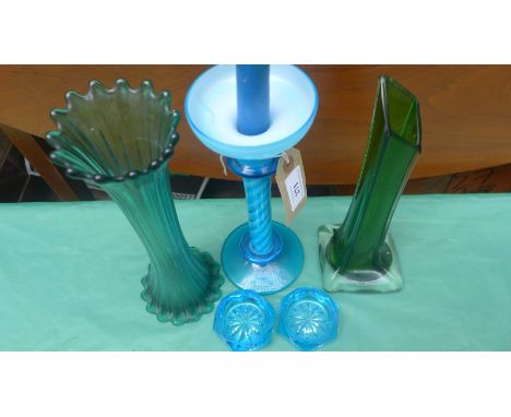 2 green cylindrical flower vases, twist stemmed light blue candle holder and 2 blue glass salts