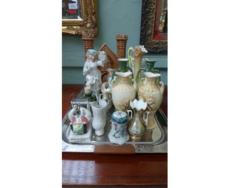 Collectors lot including miniature urn shaped vases, small Victorian figure" The last in bed puts out the light", brown groun