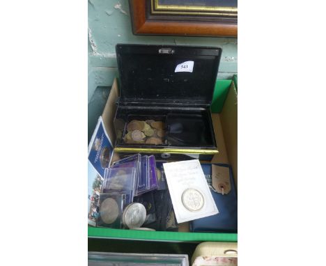 Approx. 18 various silver QE II Crowns and a metal cash box with copper coinage etc.