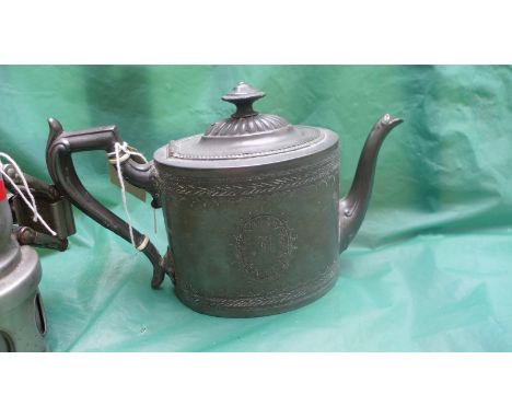 Early 20th century plated gas fired bicycle lamp and a Sheffield pewter teapot