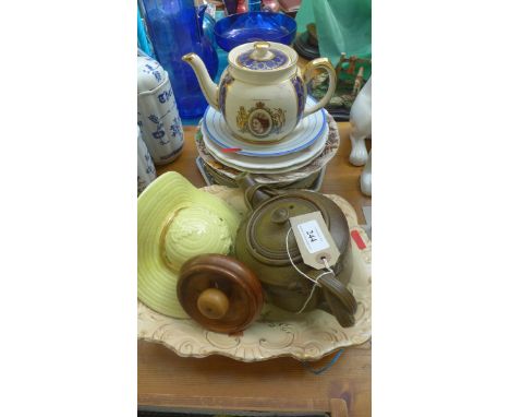 Selection of decorative plates, Rington QE2 Coronation teapot, yellow and 22ct gold bonnet wall pocket, stoneware teapot and 